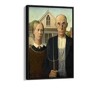 Grant Wood American Gothic - Canvas Floater Frame Print Picture Art - Black Frame 24 inch wide x 36 inch high