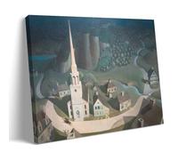 Grant Wood American Regionalism 1931 The Midnight Ride of Paul Revere Church And Village Scene Wall Art Prints Wall Art Painting Canvas Gift Living Room Prints Bedroom Decor Artworks Frame 16x24inch(4