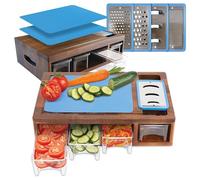 Granted by Grace Acacia Cutting Board with Containers & Lids - Board Meal Prep System w 4 Graters, 2 Plastic Chopping Board for Meat, Juice Grooves & More - Cutting Board Prep Station for Kitchen