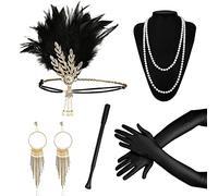 Grantop 1920 Accessories Set, 5pcs Great Gatsby Accessories with Headband Earrings Pearl Necklace Gloves Handheld Props, 1920s Flapper Costume Vintage Accessories for Women Girl