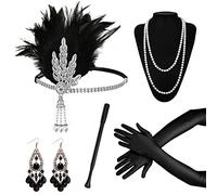 Grantop 1920 Accessories Set, 5pcs Great Gatsby Accessories with Headband Earrings Pearl Necklace Gloves Handheld Props, 1920s Flapper Costume Vintage Accessories for Women Girl (Style-2)