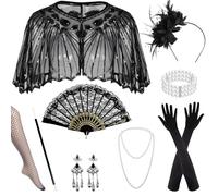 Grantop 9PCS 1920s Flapper Accessories Set Women,Great Gatsby Accessory with Headband,Sequin Shawl,Lace Fan,Pearl Necklace,Glove,Roaring 20's Costume,Ladies Charleston Fancy Dress Up Set for Party