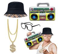 Grantop Hip Hop Costume Kit, 80s 90s Rapper Accessories Including Inflatable Boom Box Golden Iron Alloy Chain Glasses Bucket Hat, Old Style Cool Rapper Outfits for Men Women