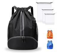 Grantop Waterproof Drawstring Gym Bag,Unisex Swimming Bag with Shoe Compartment, Large Capacity Sport String backpack with inside Zipper Pockets for Kids Boys Girls Men Women