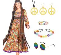 Grantop Women's 9-Piece Hippie Clothing Set, 60s 70s Costume with Dress, Vest, Belt, Sunglasses, Earrings, Necklace, Headband, Bracelet, Perfect for Halloween, Carnival, Cosplay, Theme Parties
