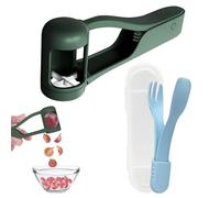 Grape Cutter, Fruit Slicer Set with Travel Spoon and Fork, Stainless Steel Grape Quarter Cutter for Grapes, Cherry Tomatoes and Strawberries, Snack Prep Tool, Green and Blue