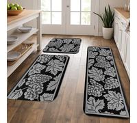 Grape Kitchen Mats for Floor, Black and Gray Floral Pattern Soft Mats, Cushioned Comfort Washable Non Slip Decor Rugs for Kitchen Sinks Laundry Room Bathroom 3Pcs