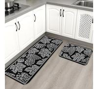 Grape Kitchen Mats for Floor, Black and Gray Floral Pattern Soft Mats, Cushioned Comfort Washable Non Slip Decor Rugs for Kitchen Sinks Laundry Room Bathroom 2PCS