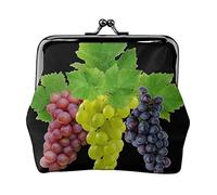 Grape Print Double Clasp Metal Frame Leather Kiss Lock Change Pouch Wallet for Women with Keys, Small Purses