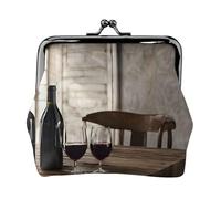 Grape Wine Print Double Clasp Metal Frame Leather Kiss Lock Change Pouch Wallet for Women with Keys, Small Purses