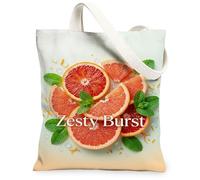 Grapefruit Canvas Tote Bag for Women, Summer Tropical Mint Lemon Zest Summer Orange Washable Reusable Market Tote for Shopping Brunch Park Library Day Trips 13x15 Inch