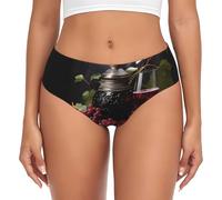 Grapes and Wine Print Women's Briefs, Soft No Show Bikini Thong Panties, Breathable Comfort Underwear,for Daily wear, Black, S