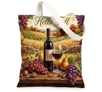 Grapes Canvas Tote Bag for Women, Fall Rustic Wine Bottle Glass Fall Deep Red Washable Reusable Small Tote Bag Ideas for Tr, Deep Red, 13x15 Inch