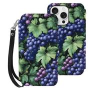 Grapes Purple Printed Wallet Phone Case Slim Cute Cellphone Protective Cover Hanging Rope Unisex Compatible with iPhone 16/16 Plus/16 Pro/16 Pro Max/16 E