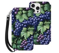 Grapes Purple Printed Wallet Phone Case Slim Cute Cellphone Protective Cover Hanging Rope Unisex Compatible with iPhone 16/16 Plus/16 Pro/16 Pro Max/16 E