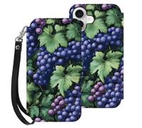Grapes Purple Printed Wallet Phone Case Slim Cute Cellphone Protective Cover Hanging Rope Unisex Compatible with iPhone 16/16 Plus/16 Pro/16 Pro Max/16 E
