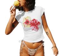Graphic Baby Tees for Women Teenagers Y2k Flower Print Crop Tops Vintage 90s Aesthetic Grunge Tees Summer Shirts (Ivory, S)
