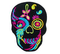 Graphic Dust Black Colorful Sugar Skull Embroidered Iron on Patch Calavera Good Luck Applique Sign Symbol Logo Cute Happy Smiley Death Lucky Spirit Decoration Coco Day of the Dead Backpack DIY Costume