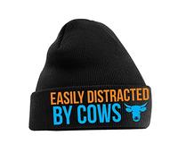 Graphic Impact Funny Easily Distracted by Cows Lightweight Cozy Double-Layer Cuffed Warm Winter for Kids Teen Adults Unisex Beanie Hat(Black)
