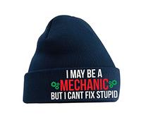 Graphic Impact Funny I May Be A Mechanic But I Cant Fix Stupid Lightweight Cozy Double-Layer Cuffed Warm Winter for Kids Teen Adults Unisex Beanie Hat (Navy)