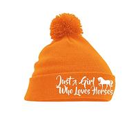Graphic Impact Funny Just A Girl Who Loves Horses Lightweight Cozy Double-Layer Cuffed Warm Winter Kids Teen Adults Pom Pom Knitted Beanie Hat (Orange)