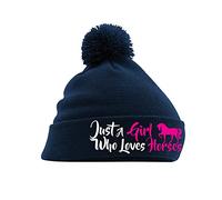 Graphic Impact Funny Just A Girl Who Loves Horses Lightweight Cozy Double-Layer Cuffed Warm Winter Kids Teen Adults Pom Pom Knitted Beanie Hat (Navy)