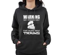 Graphic Impact Funny Warning May Spontaneously Start Talking About Trains Sarcastic Train Lover Hood For Kids Teen Adults Unisex Hoodie(L, Black)