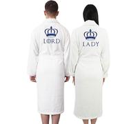 Graphic Impact gi 2Pcs Lord and Lady Back Embroidery Unisex Cotton Terry Bathrobe (White, S-M)