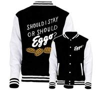 Graphic Impact Inspired Funny Should I Stay Or Should I Eggo Retro Varsity Jacket (Black and White, Small)