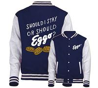 Graphic Impact Inspired Funny Should I Stay Or Should I Eggo Retro Varsity Jacket (Navy and Grey, Large)
