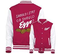 Graphic Impact Inspired Funny Should I Stay Or Should I Eggo Retro Varsity Jacket (Pink and White, Large)