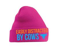 Graphic Impact Ltd Funny Easily Distracted by Cows Lightweight Cozy Double-Layer Cuffed Warm Winter for Kids Teen Adults Unisex Beanie Hat(Fuchia Pink)