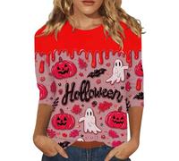 Graphic Tees for Women Doodles Crew Neck Spooky Season Shirt 3/4 Length Sleeve Casual Top Scary Festival Thanksgiving Celebration Blouse Halloween Friend Gatherings Tops (Watermelon Red, L)