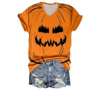 Graphic Tees for Women Doodles Crew Neck Spooky Season Shirt Short Sleeve Loose Fit Top Happy Festival Family Party Celebration Halloween Thanksgiving Gift Tops (Brick Red, L)