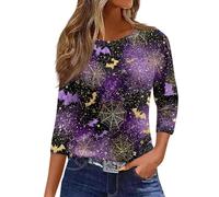Graphic Tees for Women Funny Pumpkin Printed Spooky Season Shirts 3/4 Length Sleeve Top Witchy Festival Family Party Celebration Basic Blouse Halloween Friend Gatherings Tops (Purple, L)