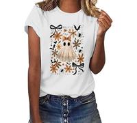 Graphic Tees for Women Spooky Season Funny Printed Shirts Short Sleeve Loose Fit Top Happy Festival Family Party Celebration Halloween Fashion Gift Top (White, L)