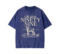 Graphic Tees Summer Novelty Women Men Cotton Oversized Ninety Nine with Sheep Christian Washed T-Shirt, Blue, M