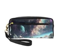Graphics Universe Space Printed Leather Makeup Bags with Wrist Strap Portable Travel Toiletry Bag Cosmetic Organizer Bag for Women