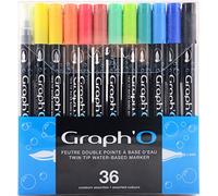GRAPH'O Set of 36 Double-Tip Pens for Drawing, Illustration and Watercolor, Extra Fine 0.5 mm Tip and Soft Brush Tip