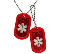Graphotype™ Personalised Medical Alert US Military Style Dog TAG Set - Embossed red anodised alumium Dog Tags with Laser Etched Star of Life Logo, Stainless Steel Chains and silencers