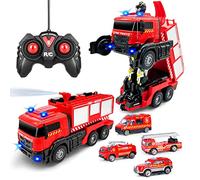 Grarain Remote Control Fire Truck for Kids with LED Lights & Sounds Water Spraying Transforming RC Truck Plus 4 Mini Fire Engines & 10 Road Barriers, Toy Car for Boys Aged 3+
