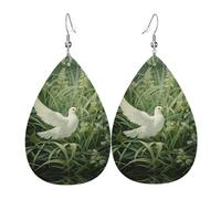 Grass and dove Printed Dangle Leather Earrings, Reversible Statement Jewelry with Silver Plated Hooks