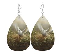 Grass and dove Printed Dangle Leather Earrings, Reversible Statement Jewelry with Silver Plated Hooks