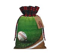 Grass Baseball Softball Print Christmas Party Gift Bags, Linen Drawstring Xmas Holiday Wedding Treat Candy Jewelry Sacks, Color Blocking Plaid Fabric
