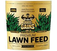 Grass Gains Premium Lawn Feed, 5-6 months longevity giving amazing results! Coverage 80m2, scorch free and pet/child friendly. Perfect for spring/summer use. 2KG