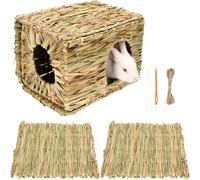 Grass House for Rabbits（1pc） and Grass mat for Rabbit Bunny（2pcs）, Hand Woven Straw Hut, Small Animal Cages Hay Mat for Guinea Pig Parrot Rabbit Bunny Hamster Chinchilla Squirrel