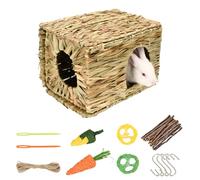 Grass House for Rabbits,Sangle Sopffy,Hand Woven Bunny Grass House,Natural Grass Hideaway for Bunny Guinea Pig Chinchilla Ferret Hamster Squirrel with Rabbit Chew Toys (1 Set, 11.8 * 7.8 * 7.8 inch)