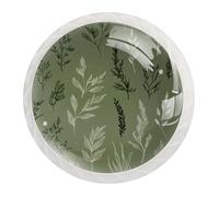 Grass Leaves and Branches Sage Green Background Round Crystal Drawer Dresser Knobs Set of 12, Door Cupboard Wardrobe Hardware Knob with Screws, Home Office Nursery Decor