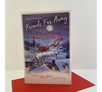 Grass Roots Friends Far Away 'Happy Christmas' Card - Stunning Design with Santa Flying over the Rooftops - Flitter Finish