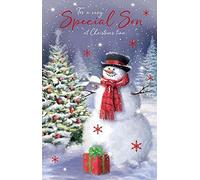 Grass Roots Special Son 'Happy Christmas' Card - Attractive Design with Snowman and Present in the Snow - Foil Finish - for Him